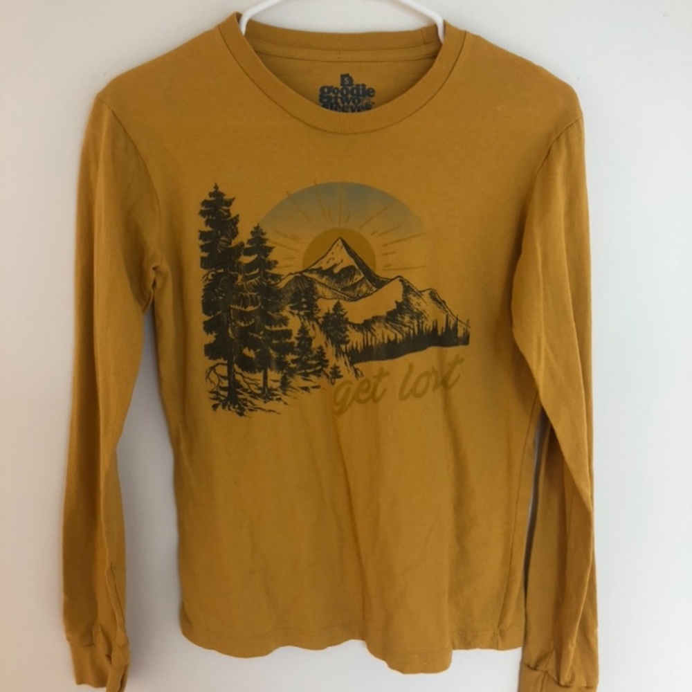 Size small, graphic long sleeve, orange/yellow tee.